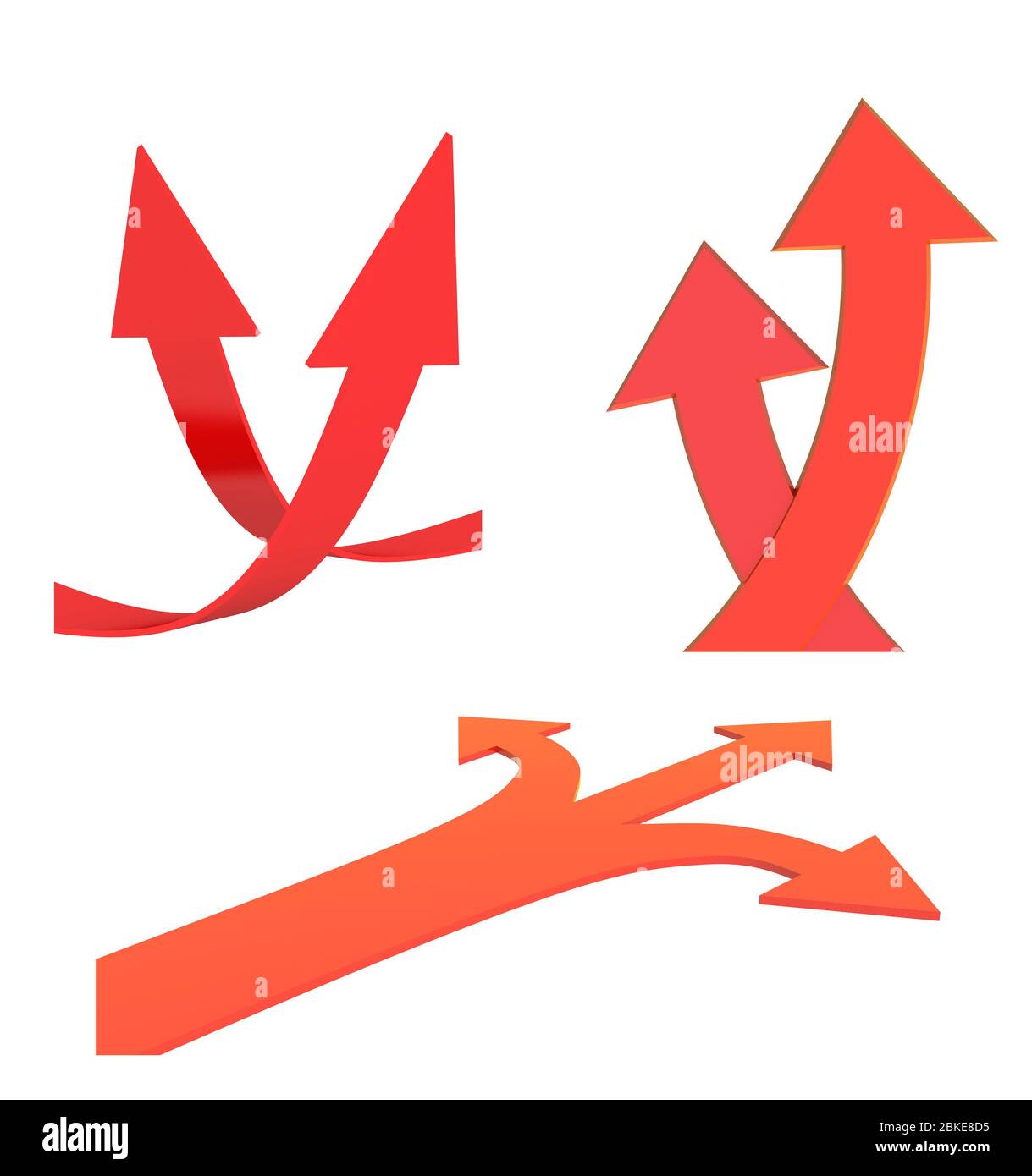 Due frecce bound che specificano direzioni diverse, forcella di tre strade con freccia. Isolato su sfondo bianco. rendering 3d Foto Stock