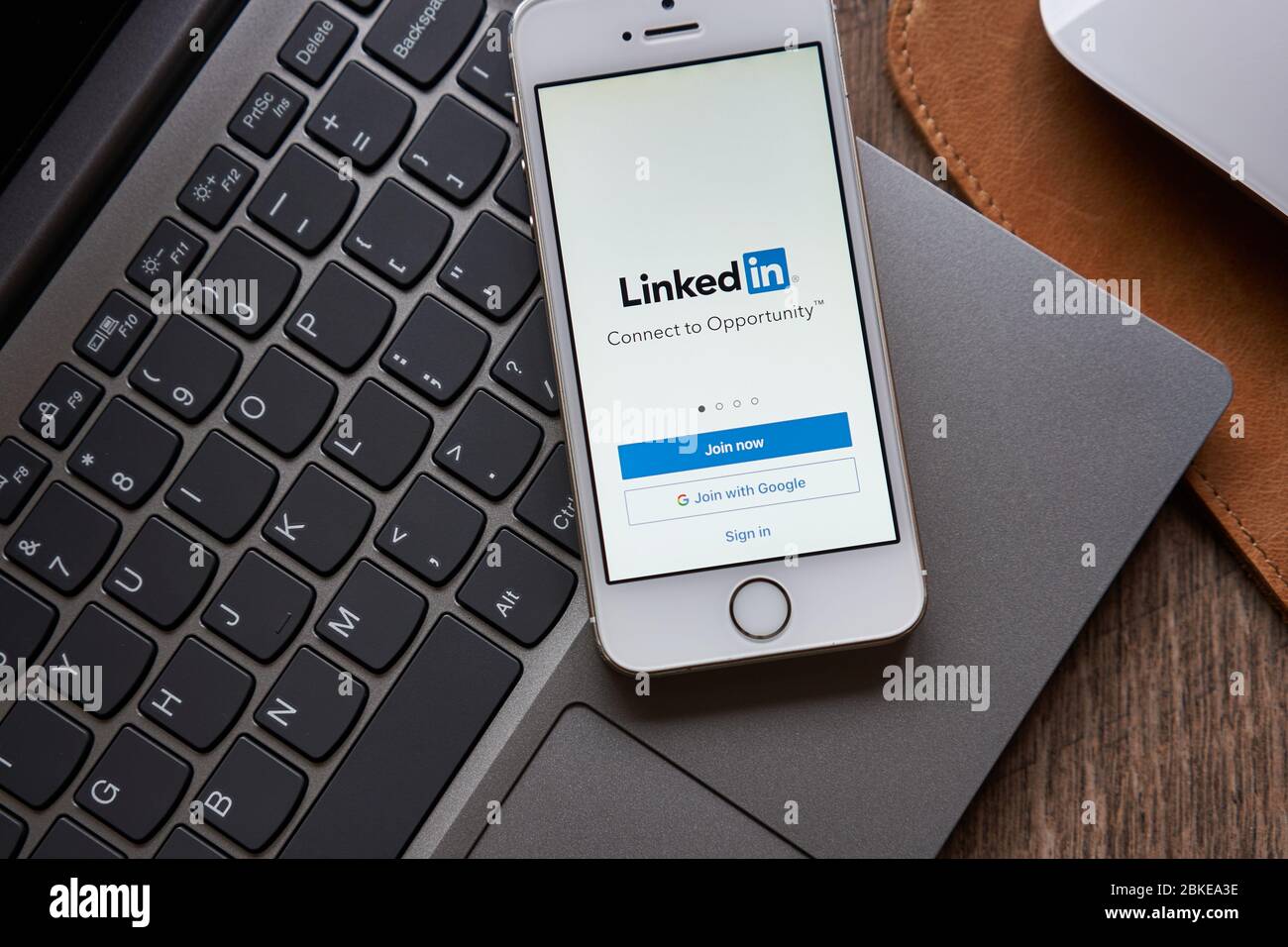 Il servizio americano per il business e l'occupazione la pagina di accesso all'app mobile di LinkedIn viene visualizzata su uno smartphone. Foto Stock