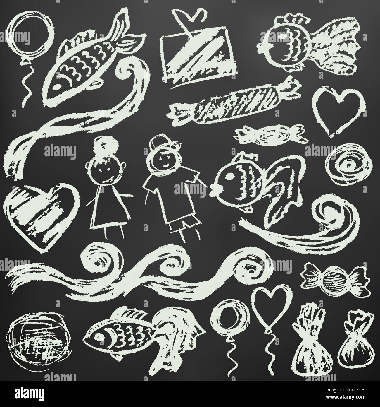 Elementi per la tua creatività. Disegni per bambini con gesso bianco su sfondo nero. Onde, pesce, gente, dolci Illustrazione Vettoriale