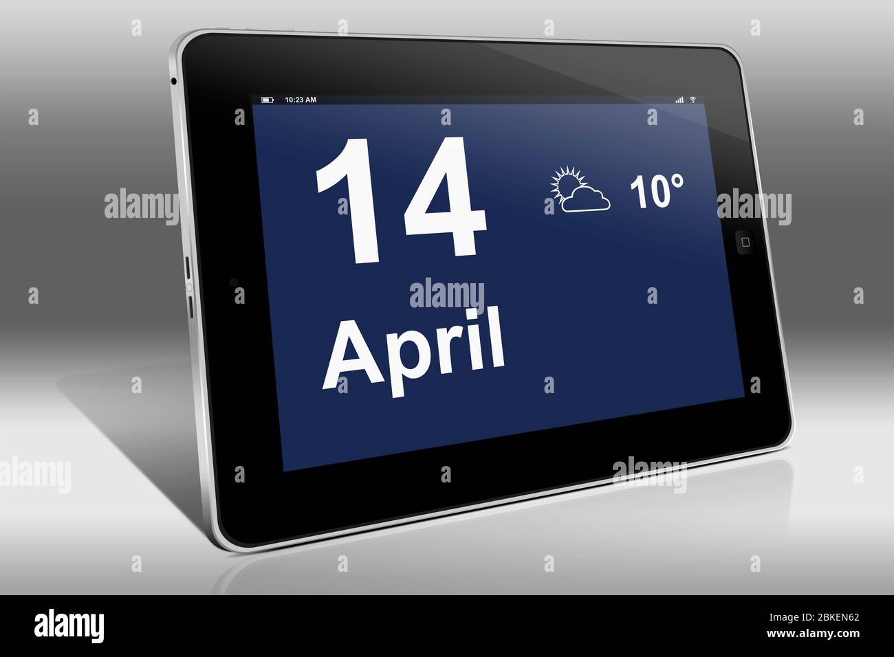 Un tablet visualizza un calendario in lingua tedesca con la data 14 aprile | Ein Tablet-computer zeigt das Datum 14. Aprile Foto Stock