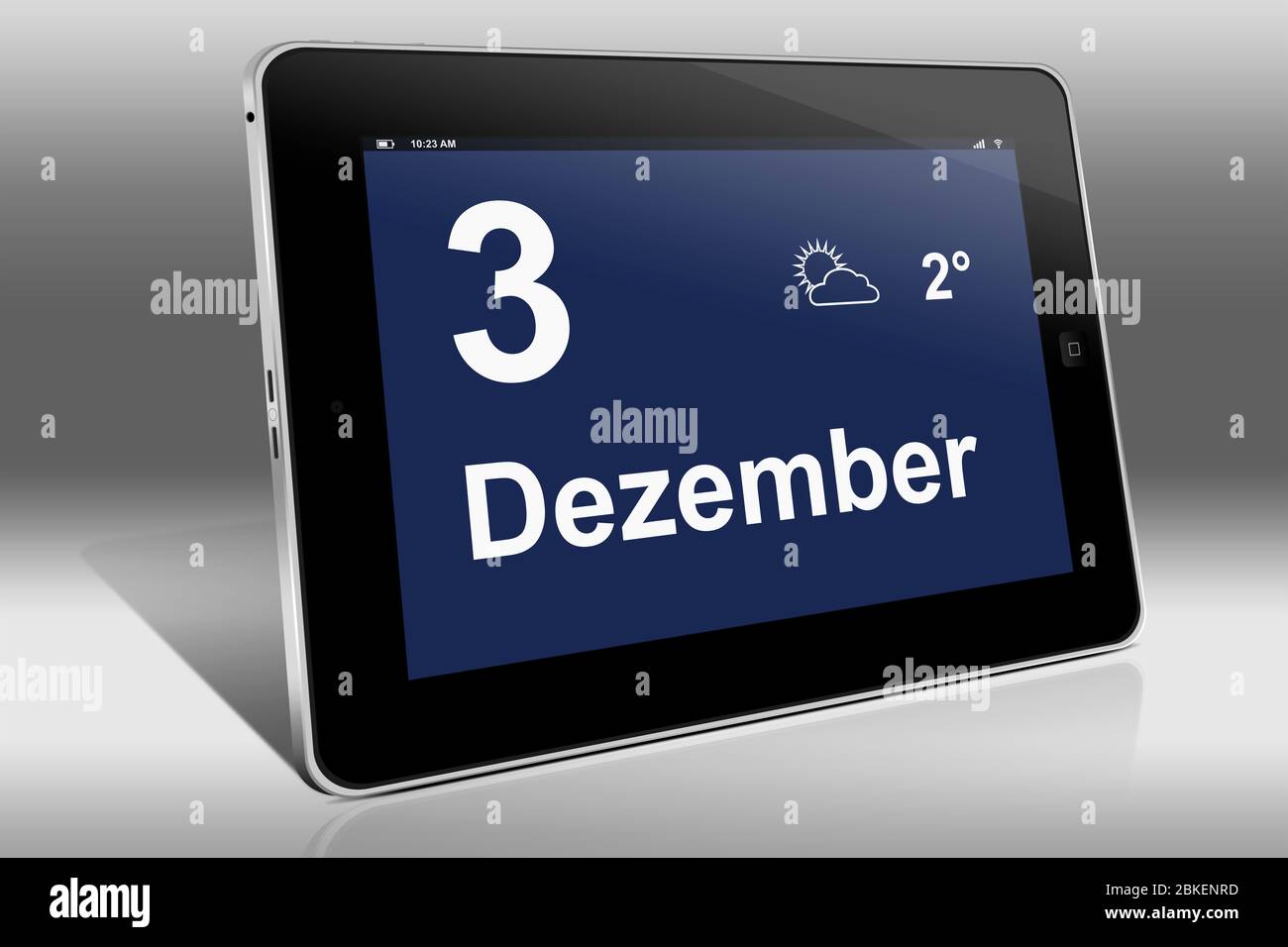 Un tablet visualizza un calendario in lingua tedesca con la data 3 dicembre | Ein Tablet-computer zeigt das Datum 3. Dicembre Foto Stock