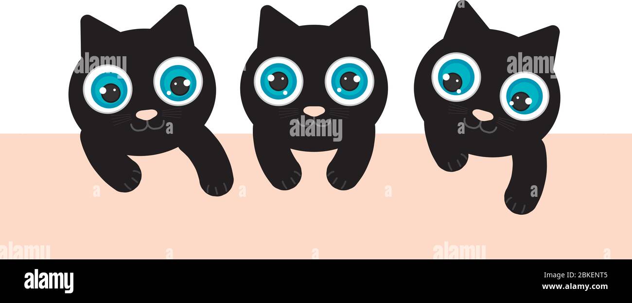 3 gattini neri hanno occhi blu. Stanno giocando e guardando verso il basso. C'è uno spazio arancione chiaro. Clipart grafica per la stampa o online. Illustrazione Vettoriale