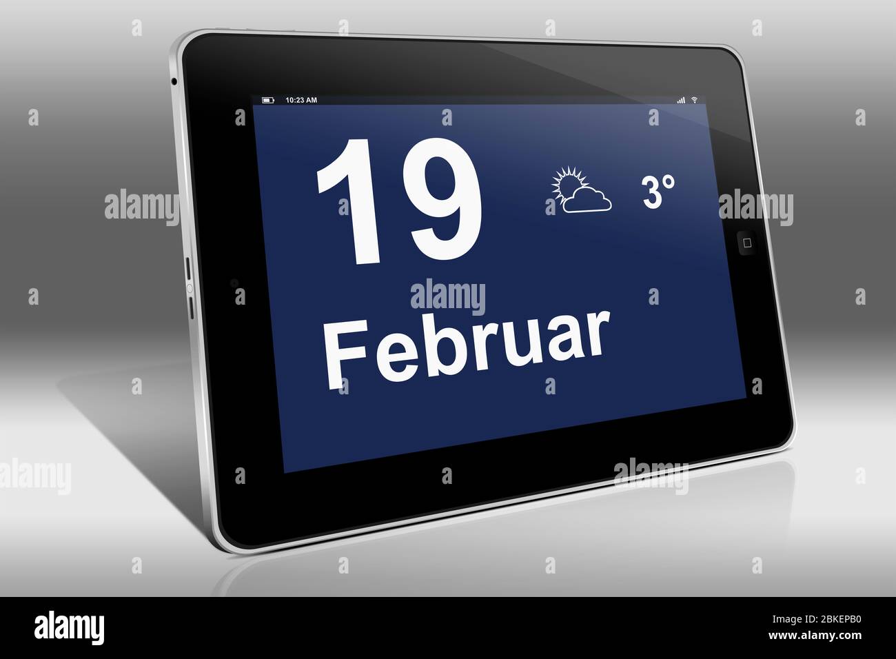 Un tablet visualizza un calendario in lingua tedesca con la data 19 febbraio | Ein Tablet-computer zeigt das Datum 19. Febbraio Foto Stock