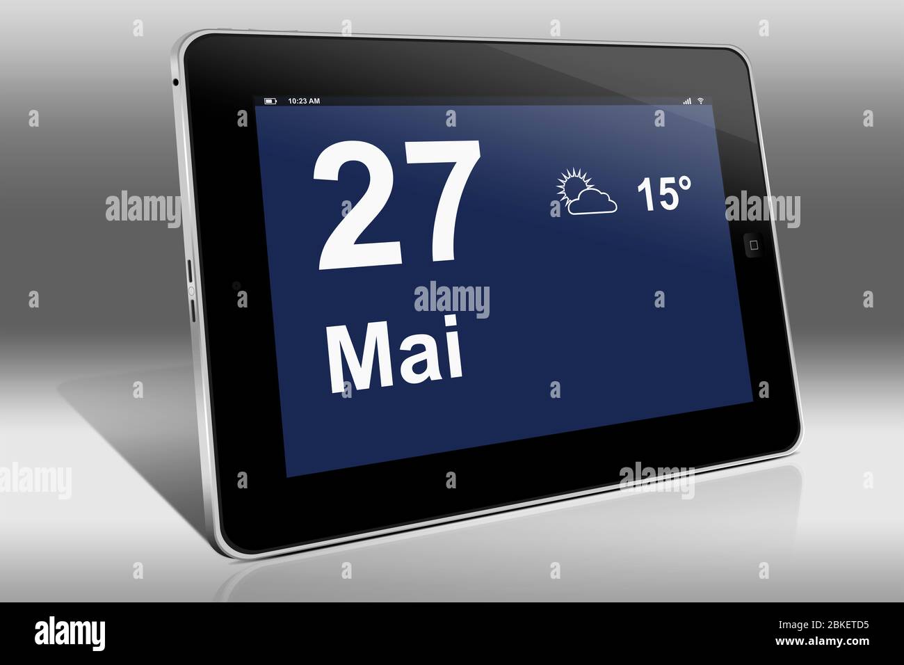 Un tablet visualizza un calendario in lingua tedesca con la data 27 maggio | Ein Tablet-computer zeigt das Datum 27. Mai Foto Stock