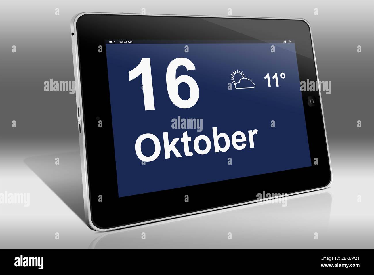 Un tablet visualizza un calendario in lingua tedesca con la data 16 ottobre | Ein Tablet-computer zeigt das Datum 16. Oktober Foto Stock