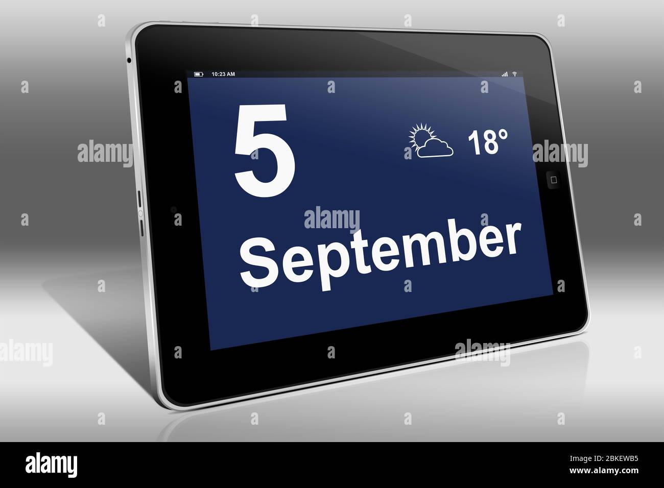 Un tablet visualizza un calendario in lingua tedesca con la data 5 settembre | Ein Tablet-computer zeigt das Datum 5. Settembre Foto Stock