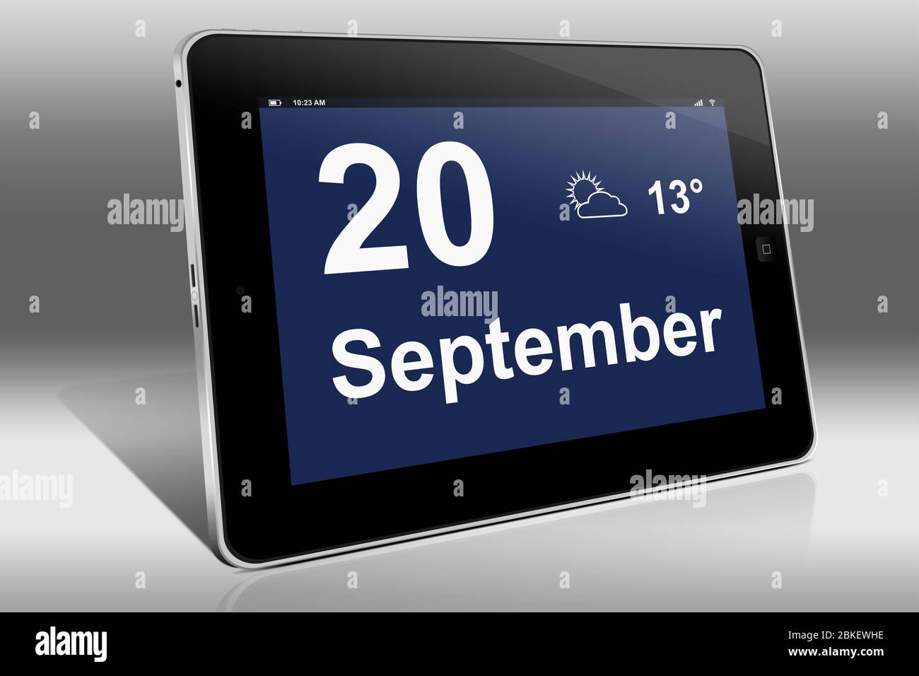 Un tablet visualizza un calendario in lingua tedesca con la data 20 settembre | Ein Tablet-computer zeigt das Datum 20. Settembre Foto Stock