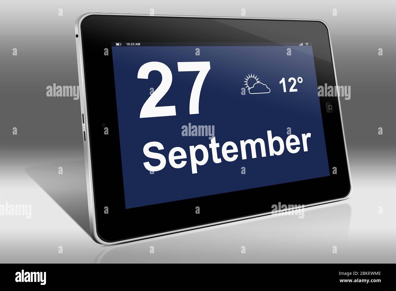 Un tablet visualizza un calendario in lingua tedesca con la data 27 settembre | Ein Tablet-computer zeigt das Datum 27. Settembre Foto Stock