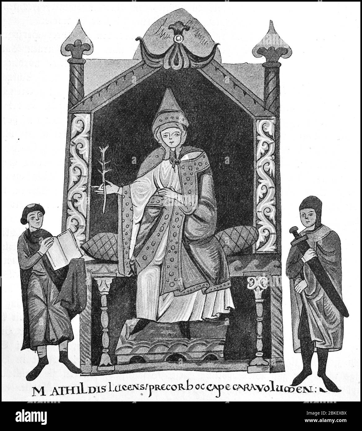 Matilda di Toscana, 1046 - 24 luglio 1115, famiglia dei signori di Canossa, uno dei più potenti nobili d'Italia nella seconda metà dell'XI secolo, Nella dedicazione Mathilde siede su un trono sotto un alto baldacchino tra un monaco e un cavaliere; nella sua destra tiene un scettro piante / Mathilde von Tuszien, 1046 - 24. Juli 1115, Familie der Herren von Canossa, eine der mächtigsten Adligen in Italien in der zweiten Hälfte des 11. Jahrhunderts, im Dedikationsbild sitzt Mathilde auf einem Thron unter einem hohen Baldachin zwischen einem Mönch und einem Ritter. Sie hält in ihrer rech Foto Stock