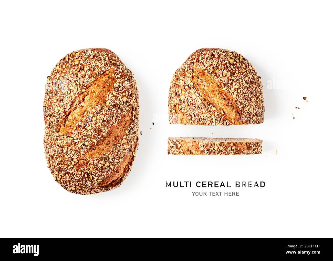 Layout creativo di pane fresco isolato su sfondo bianco. Pane di segale a grani multipli a fette con disposizione di semi differente. Mangiare sano e stare co Foto Stock