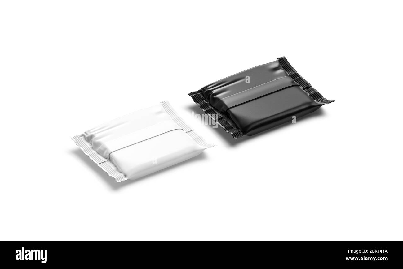 Mockup di pellicola bianca e nera per barrette di cioccolato quadrate, Foto Stock