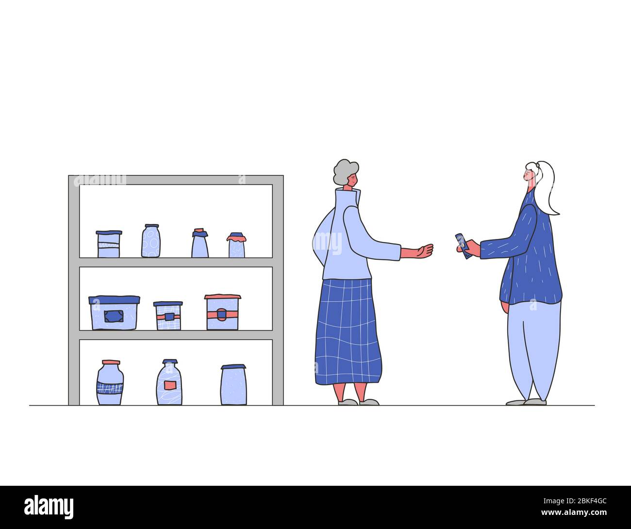 Concetto di business retail locale. Negozio ad angolo. Persona femminile vestita con abiti casual byuing un prodotto fatto a mano. Mercato delle pulci. Illustrazione vettoriale. Illustrazione Vettoriale