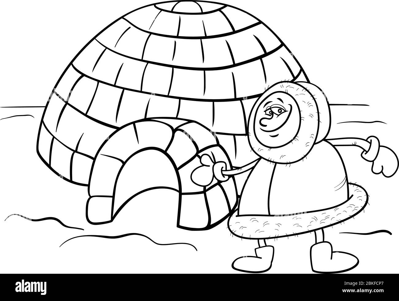 Cartoon bianco e nero Illustrazione di Funny Eskimo o Lapp Man con la sua pagina del libro da colorare della Casa di Igloo Illustrazione Vettoriale