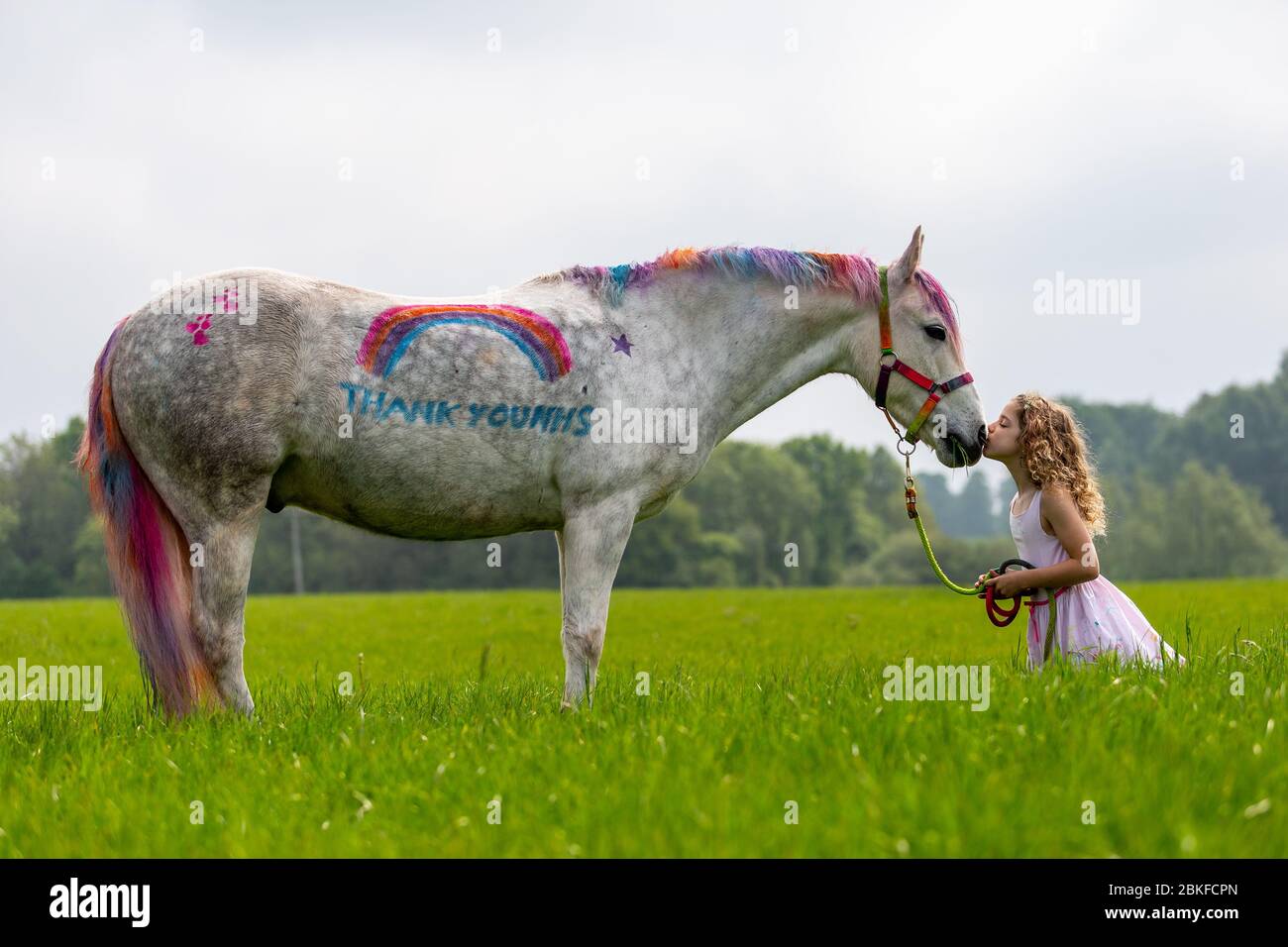 Bridgnorth, Shropshire, Regno Unito. 4 maggio 2020. Amber Price, di Bridgnorth, di 8 anni, con il suo New Forest Pony, Bear. L'orso è stato dipinto con un "grazie" all'NHS utilizzando una speciale vernice a pony. Credit: Peter Lopeman/Alamy Live News Foto Stock