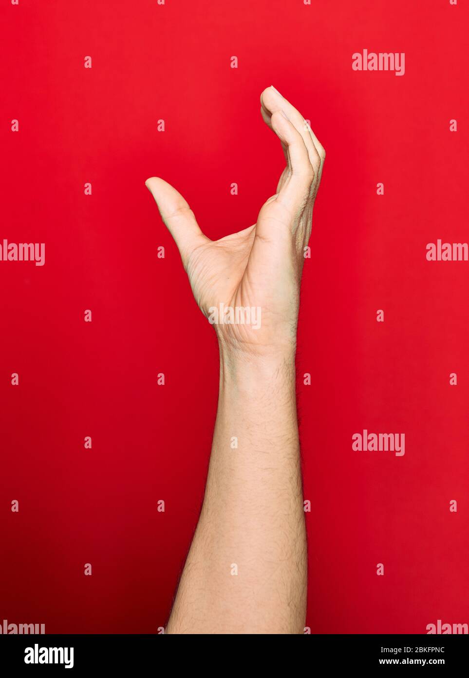 Bella mano di uomo che mostra le dita sollevate facendo gesto cattura su sfondo rosso isolato Foto Stock