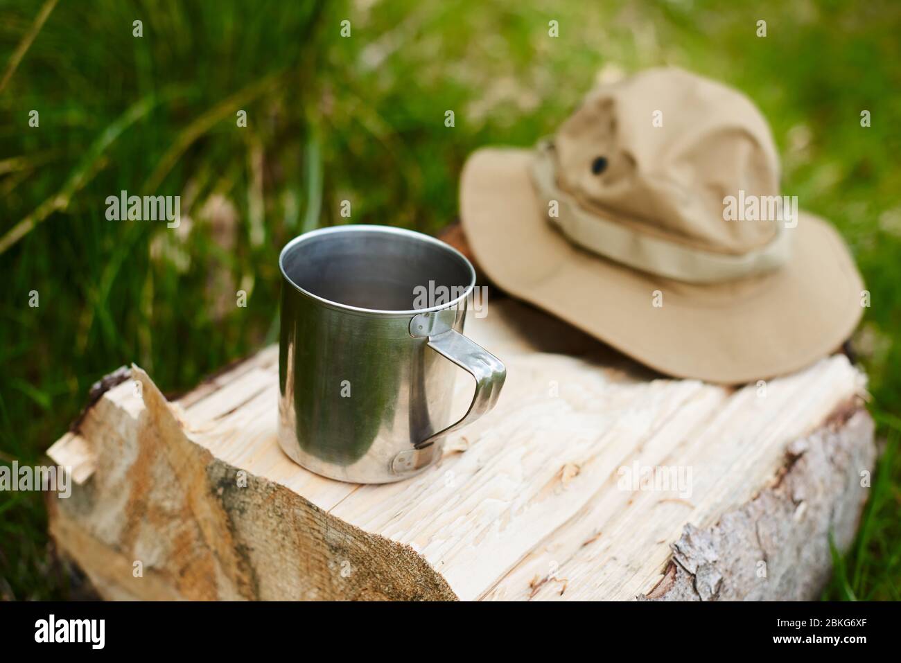 giornata del turismo. tazza di metallo e cappello turistico con campi giacciono su un ceppo nella foresta Foto Stock