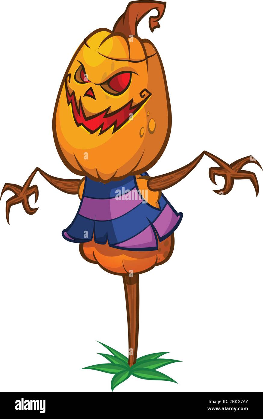 Scarecrow con testa di zucca in un cappello di strega e stracci. Testa di zucca con cartoni animati con le mani Illustrazione Vettoriale