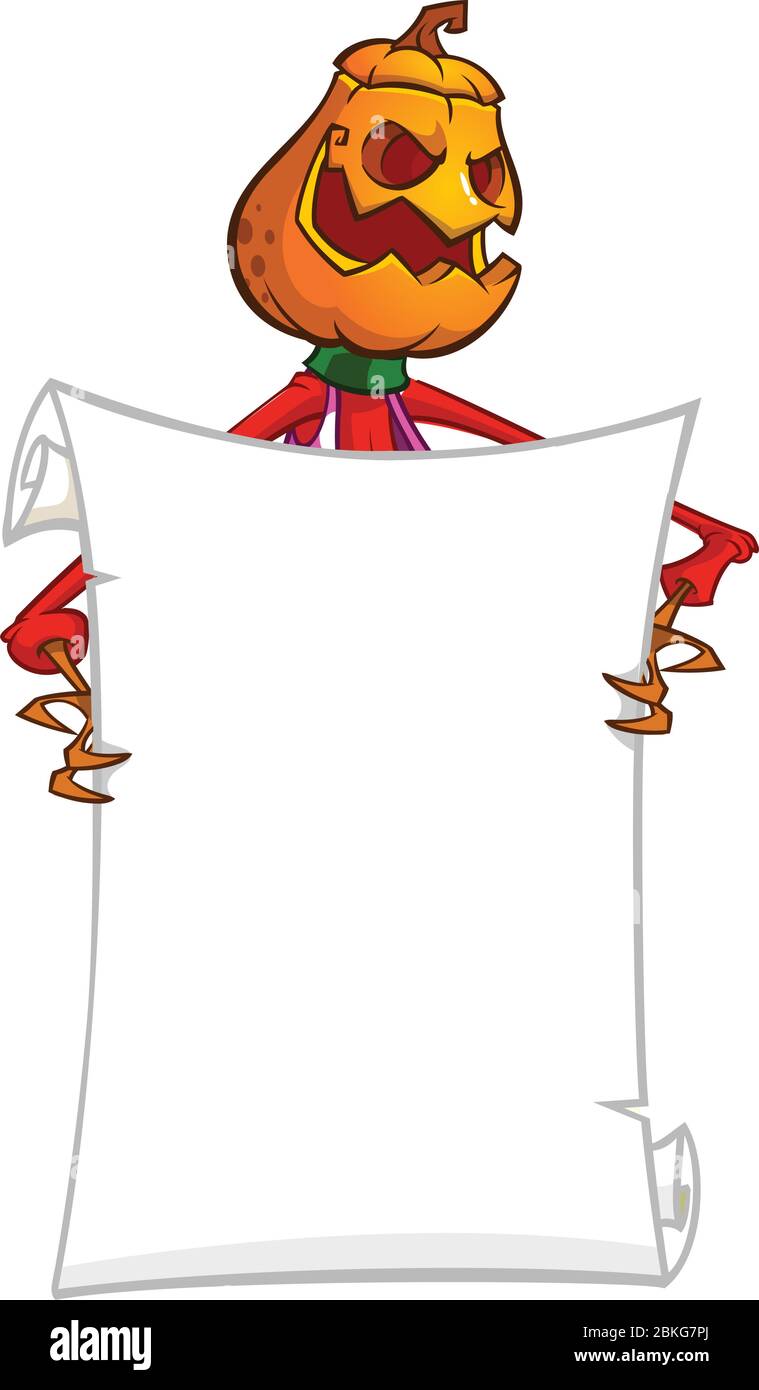 Spaventapasseri da cartoni animati di Halloween con testa di zucca che tiene carta vuota vuota per il testo. Illustrazione vettoriale Illustrazione Vettoriale