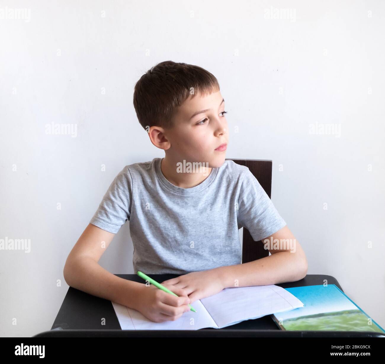Un ragazzo studia a casa e fa i compiti scolastici. Un apprendimento a distanza a casa. Foto Stock