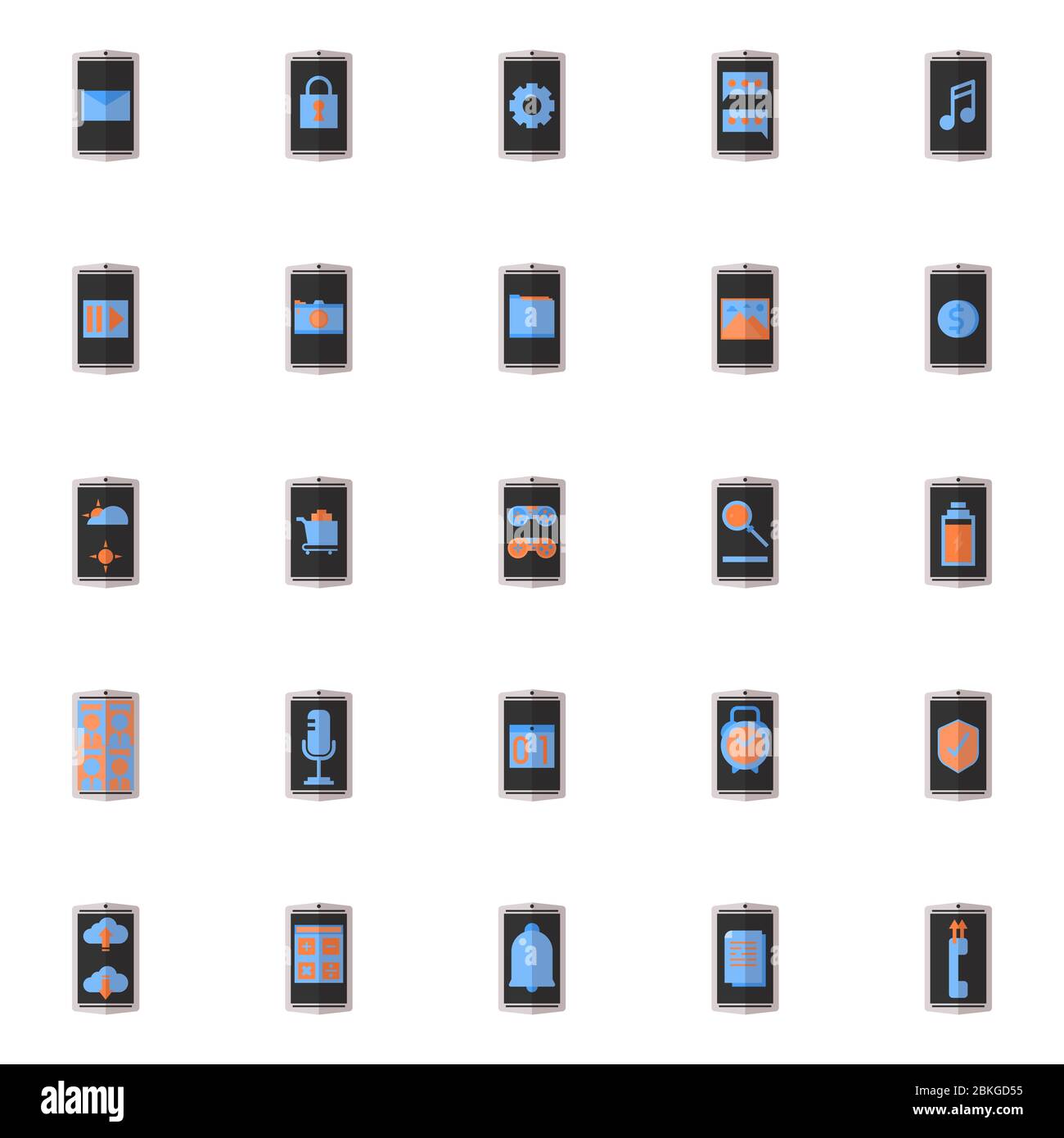 25 icona piatta dell'applicazione per smartphone impostata in grigio, nero, arancione e blu chiaro. Design a icone della moderna tecnologia del telefono cellulare. Illustrazione Vettoriale