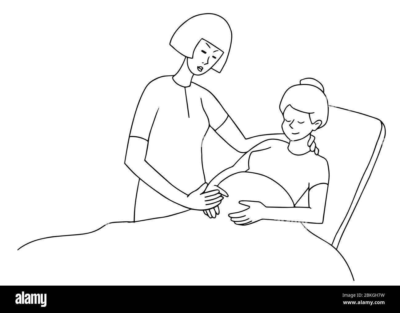 Donna incinta con supporto Doula. L'infermiere aiuta il paziente. Illustrazione vettoriale in stile linea nera Illustrazione Vettoriale