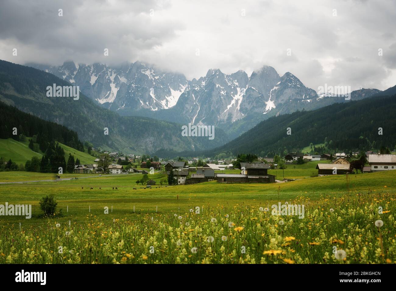 Colorato scenario all'aperto nelle Alpi austriache. Giornata di sole estiva nel villaggio di Gosau sulla catena montuosa delle Grosse Bischofslutze, Austria, Europa. Foto Stock