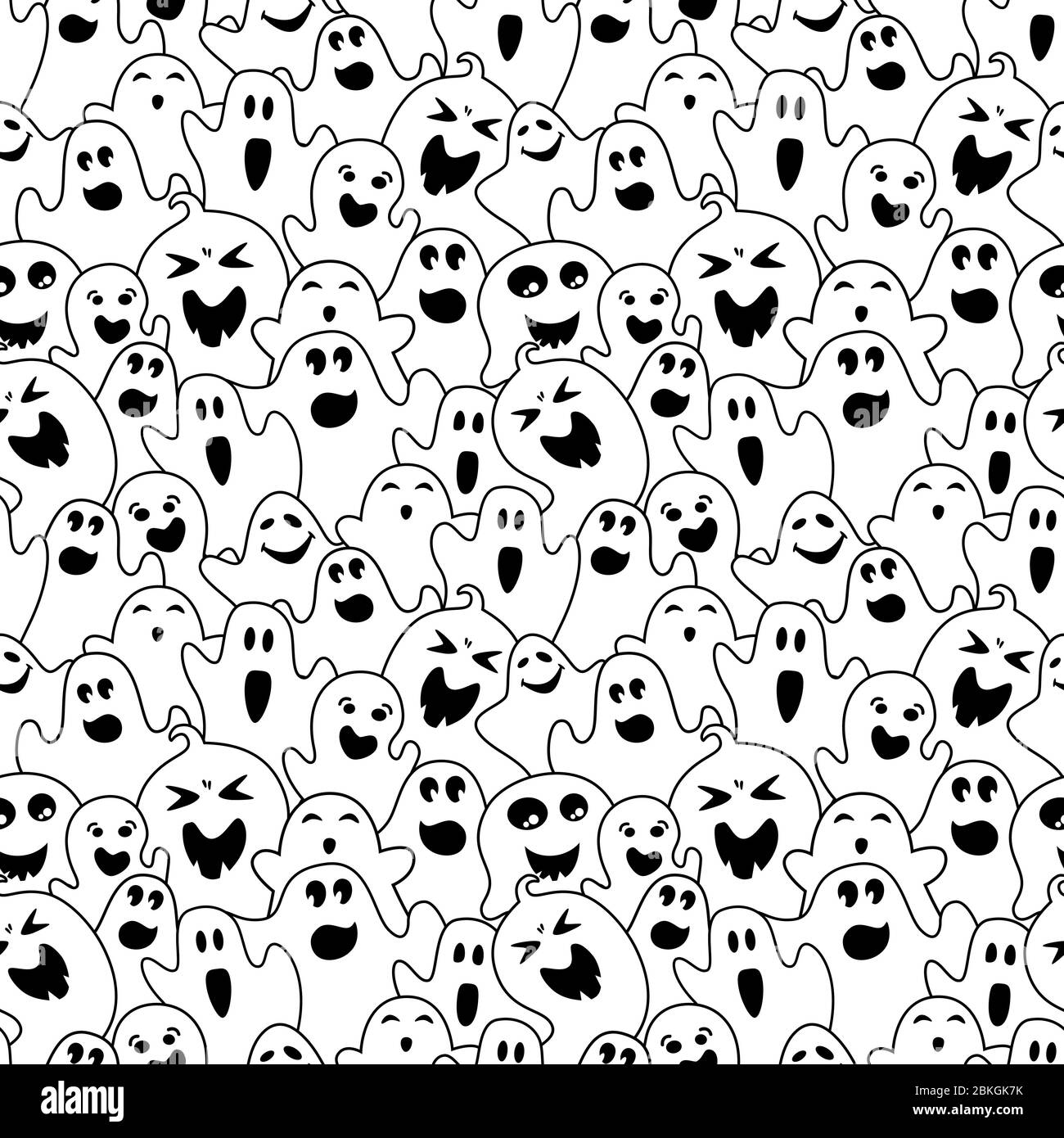 Motivo senza cuciture con linea nera piatta Ghost. Semplice Halloween simpatico e spaventoso mostri spettrali. Delineare un divertente personaggio divertente e divertente. Fantasmi monocromatici lineari. Illustrazione del vettore di contorno Illustrazione Vettoriale