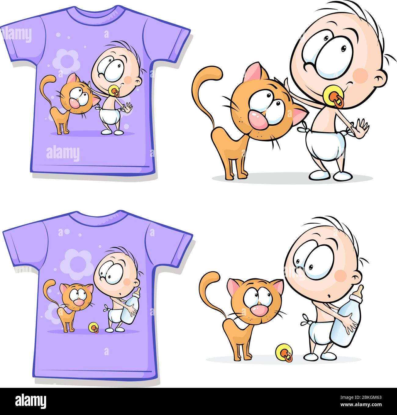 Cute Baby with Cat stampato su T-Shirt - Funny Vector Illustration Illustrazione Vettoriale