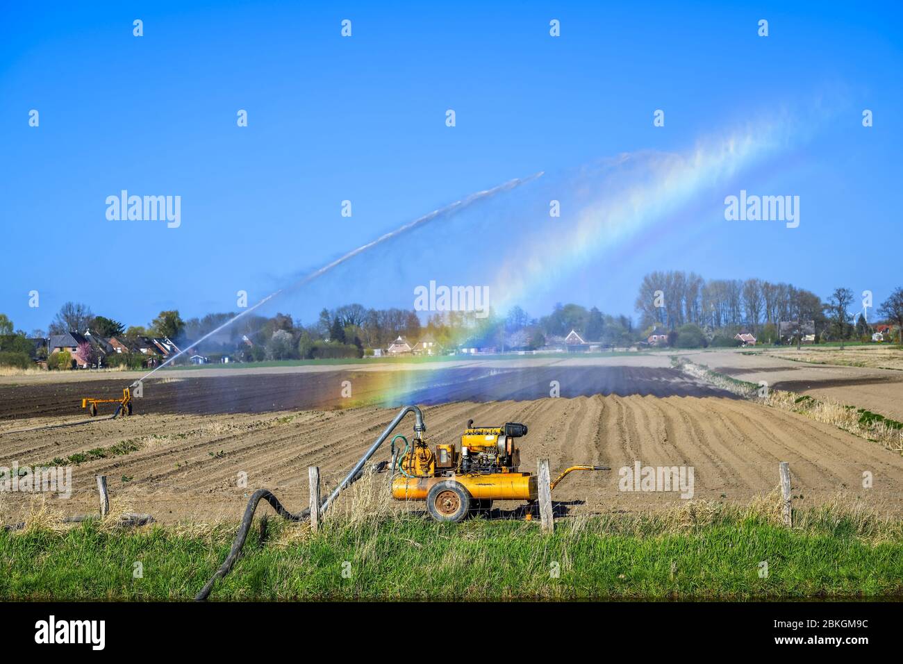 Irrigazione di campo a Kirchwerder, Amburgo, Germania, Europa / Feldbewässerung a Kirchwerder, Amburgo, Deutschland, Europa Foto Stock