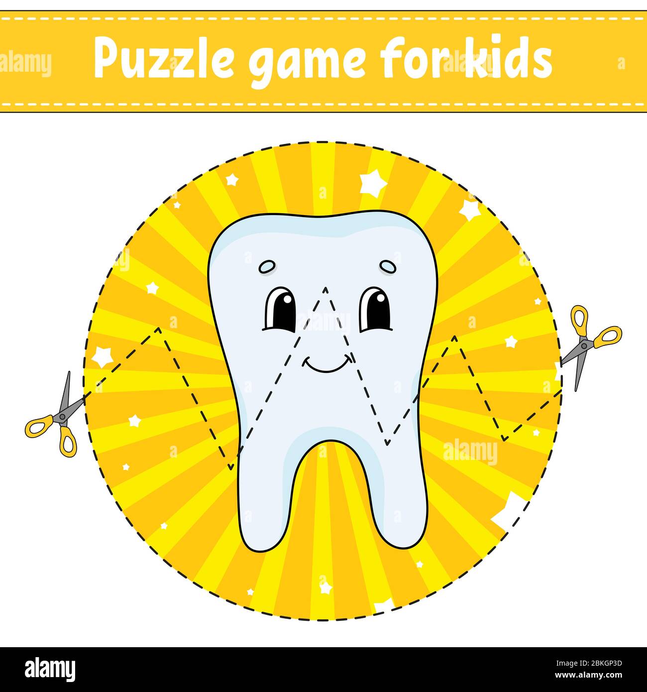 Taglia e gioca. Puzzle rotondo. Dente sano. Puzzle logico per bambini. Pagina attività. Pratica di taglio per il prescolare. Personaggio cartoon. Illustrazione Vettoriale