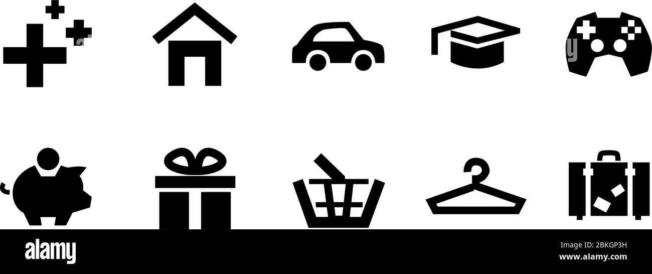 Icone di glifo spese mensili impostate su sfondo bianco. Simboli del piano finanziario. Segnali di pagamento in denaro. Icona budget vettore. Salute, casa auto, istruzione, risparmio, regalo, beni, shopping, tempo libero, viaggi. Illustrazione Vettoriale