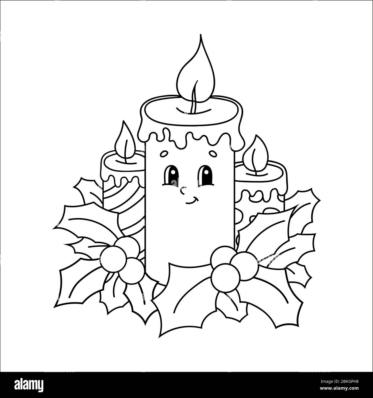 Libro da colorare per bambini. Candele brucianti di Natale decorate con foglie agrifoglio. Personaggio cartoon. Illustrazione vettoriale. Silhouette con contorno nero. Isola Illustrazione Vettoriale