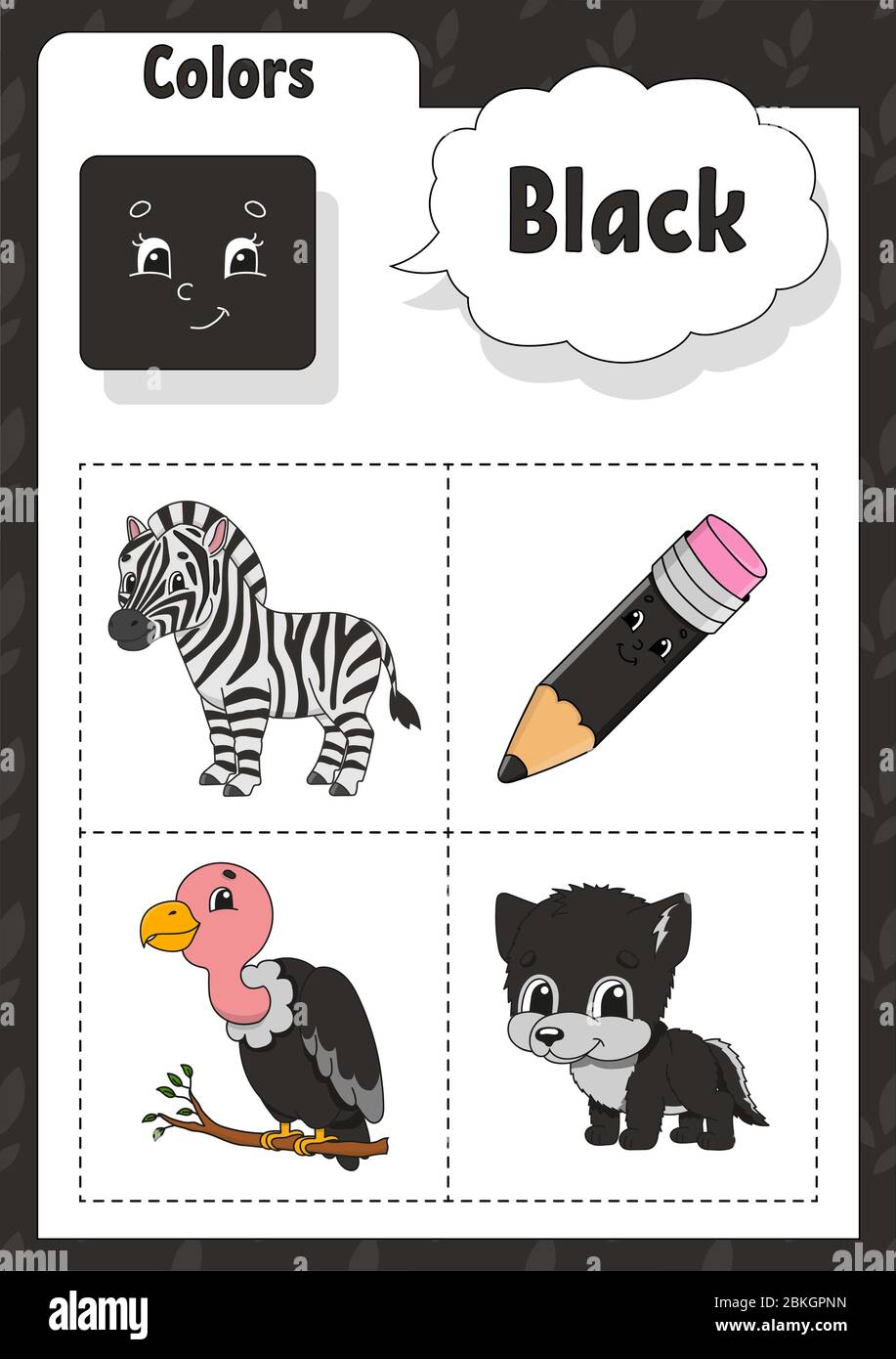 Colori di apprendimento. Colore nero. Flashcard per bambini. Simpatici  personaggi cartoon. Set di immagini per preschooler. Foglio di lavoro  Education. Illustrazione vettoriale Immagine e Vettoriale - Alamy