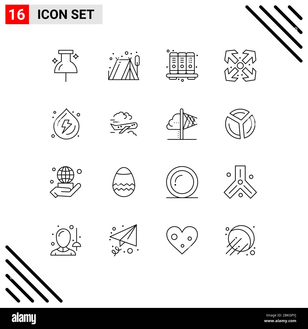 Pacchetto di 16 simboli e segni di linee moderne per i Web Print Media, come aria, acqua, conoscenza, primavera, massimizzare gli elementi di progettazione vettoriale modificabile Illustrazione Vettoriale