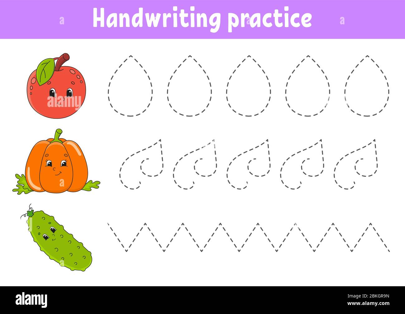 Pactice di scrittura. Foglio di lavoro sviluppo formazione. Pagina attività. Frutta e verdura. Gioco a colori per bambini. Illustrazione del vettore isolato. Carrello Illustrazione Vettoriale