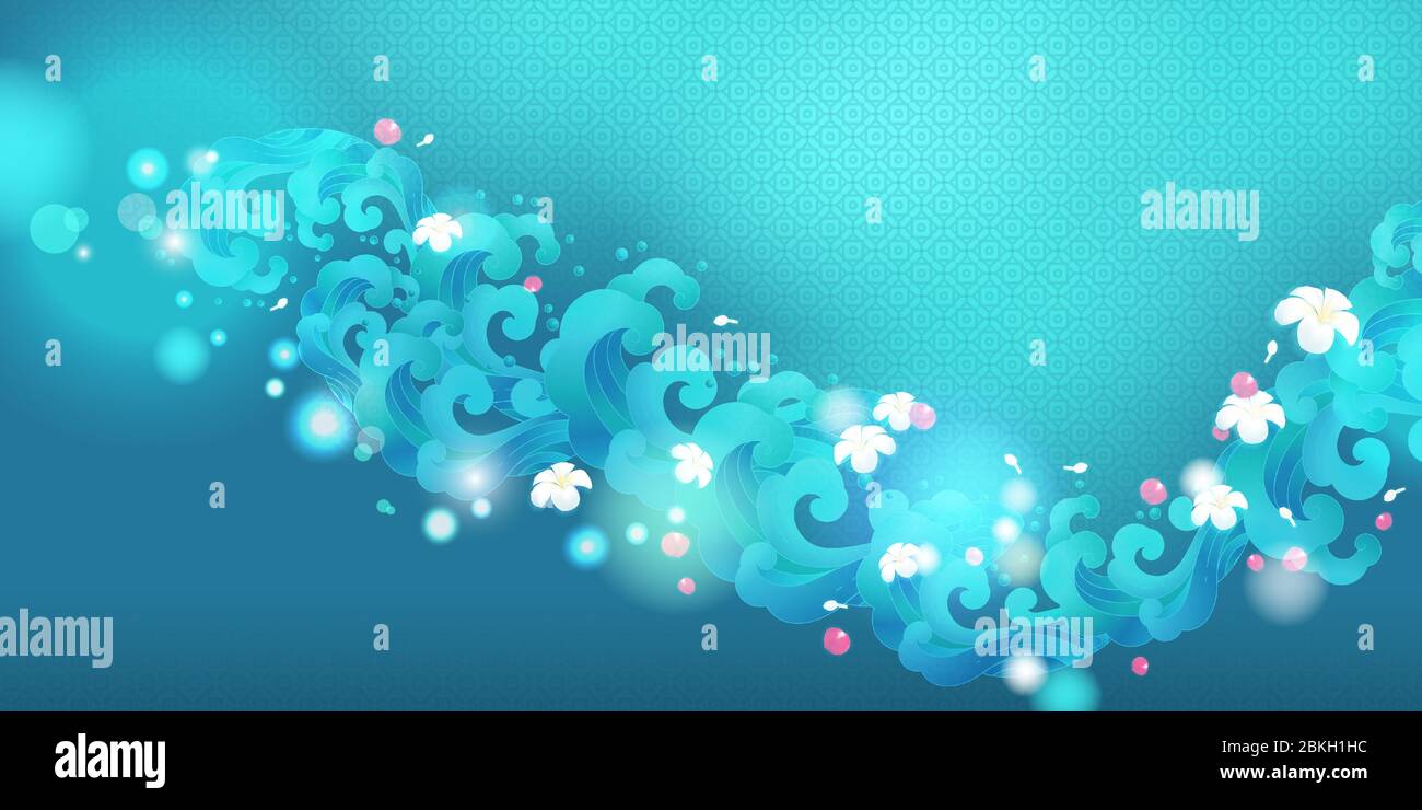 Illustrazione del vettore delle onde d'acqua e dei fiori. Design tradizionale e culturale con luce e luce bokeh e grafica di linea d'arte tailandese. Per Songkran Festiva Illustrazione Vettoriale
