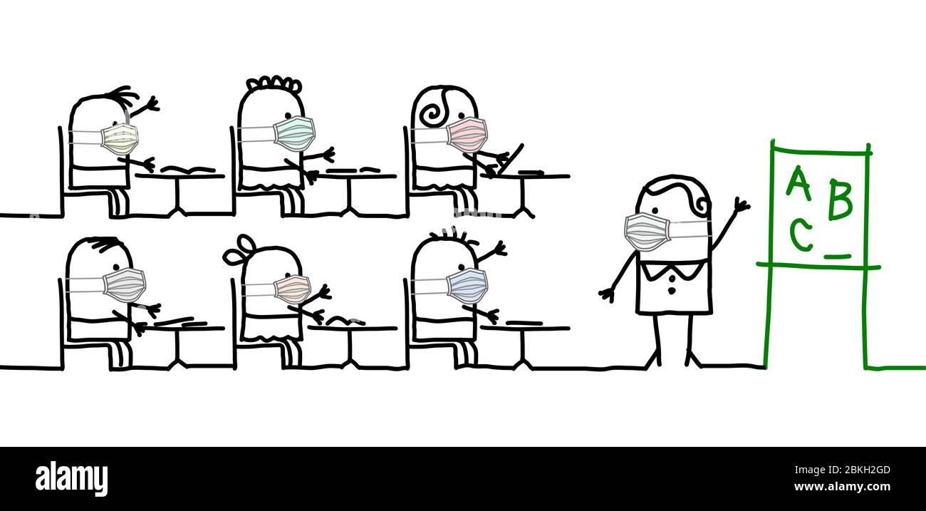 Bambini e insegnanti cartoon a scuola disegnati a mano con maschera di protezione contro il virus Illustrazione Vettoriale