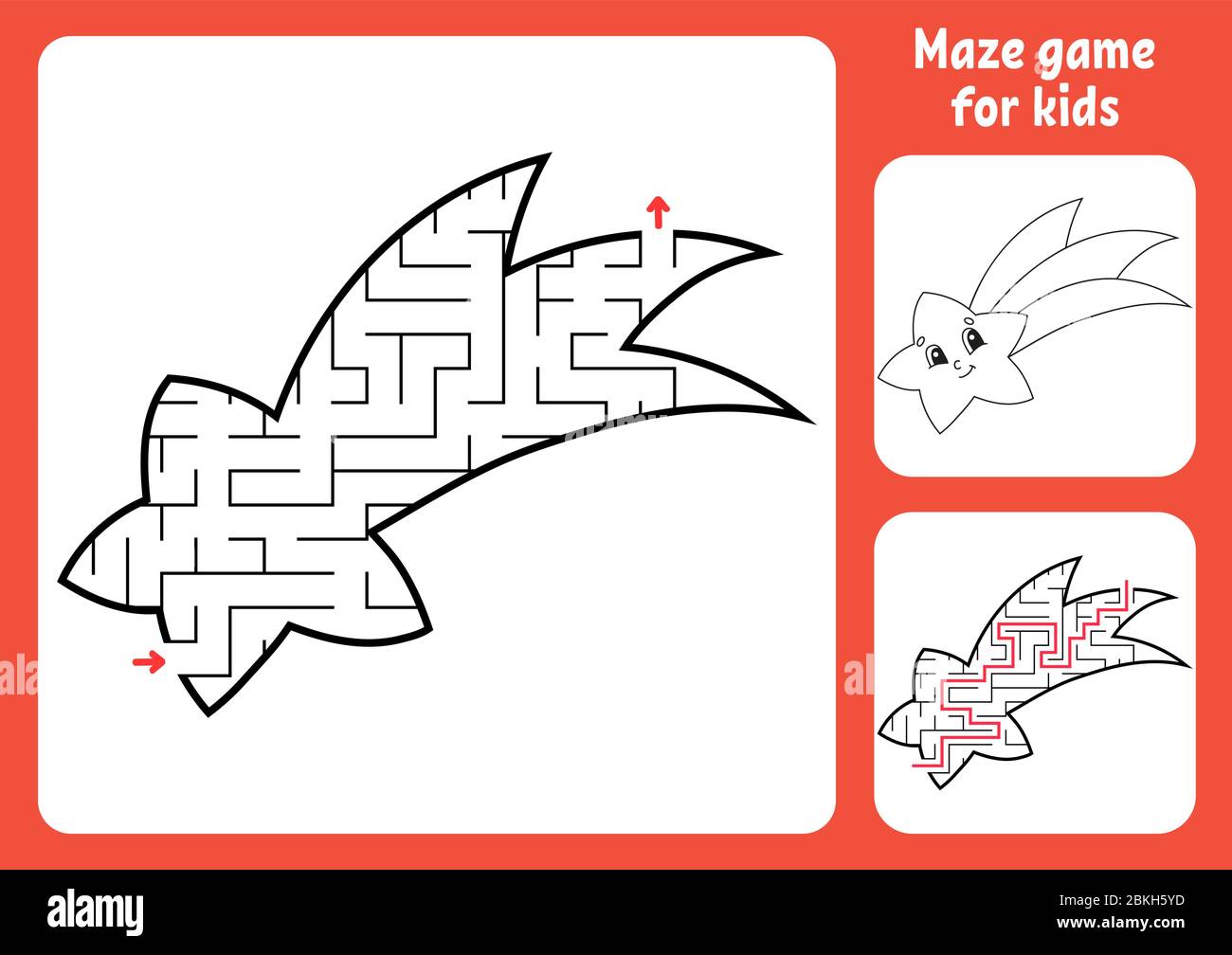 Labirinto astratto. Stella cadente. Gioco per bambini. Puzzle per bambini. Enigma a labirinto. Trovare il percorso giusto. Foglio di lavoro Education. Con risposta. Illustrazione Vettoriale