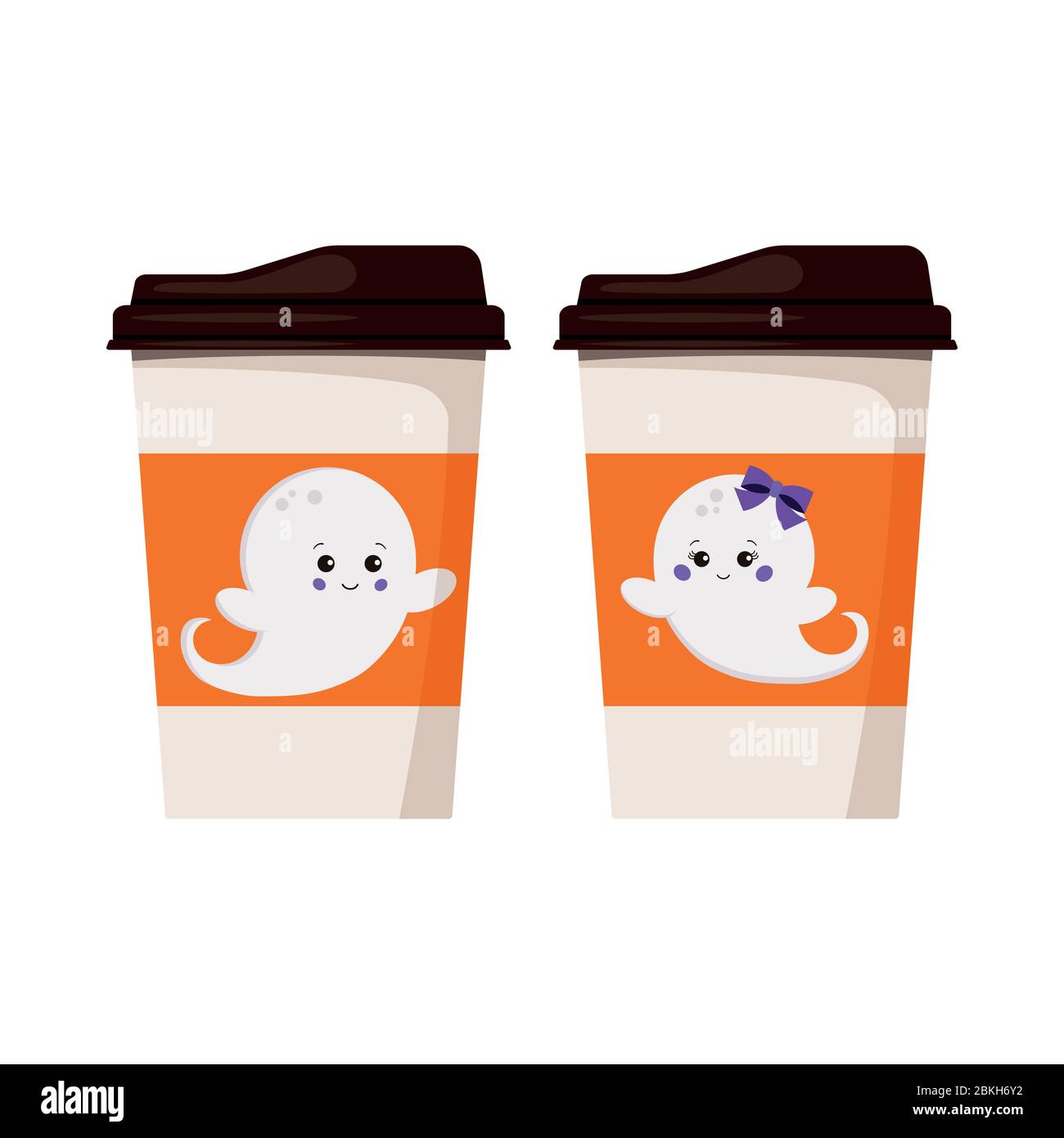 Fantasmi di Halloween su carta caffè o tè tazza per andare icona set isolato su sfondo bianco. Illustrazione Vettoriale