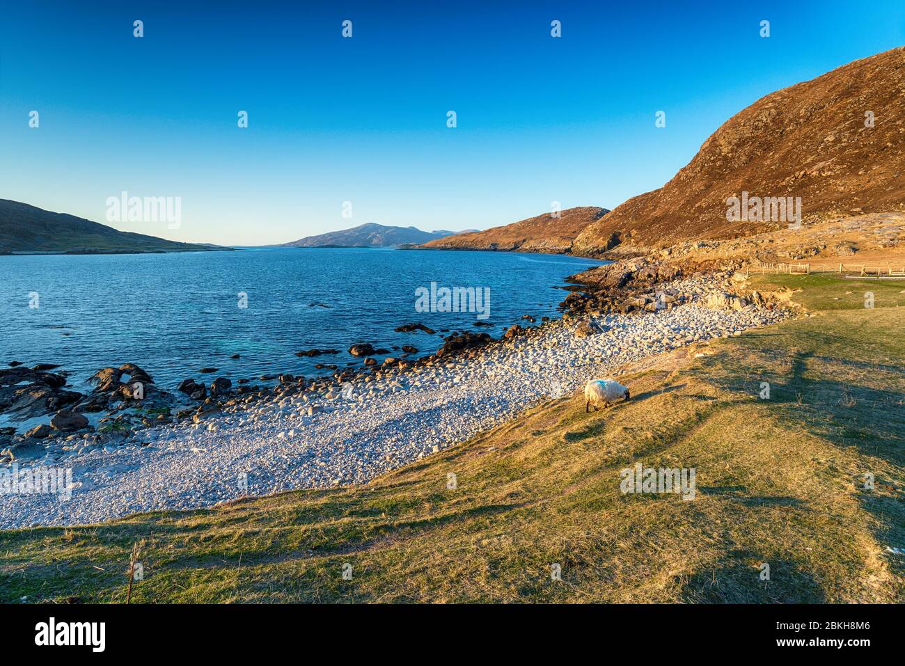 Tarda sera in primavera sulla spiaggia di Hushinish sull'isola di Harris nelle Ebridi esterne della Scozia Foto Stock