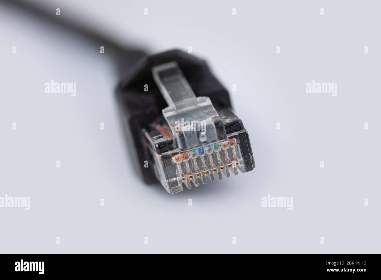 Connettore a spina del cavo Ethernet. Connessione di rete, comunicazione Internet e vista ravvicinata della tecnologia informatica su sfondo bianco e profondità ridotta Foto Stock
