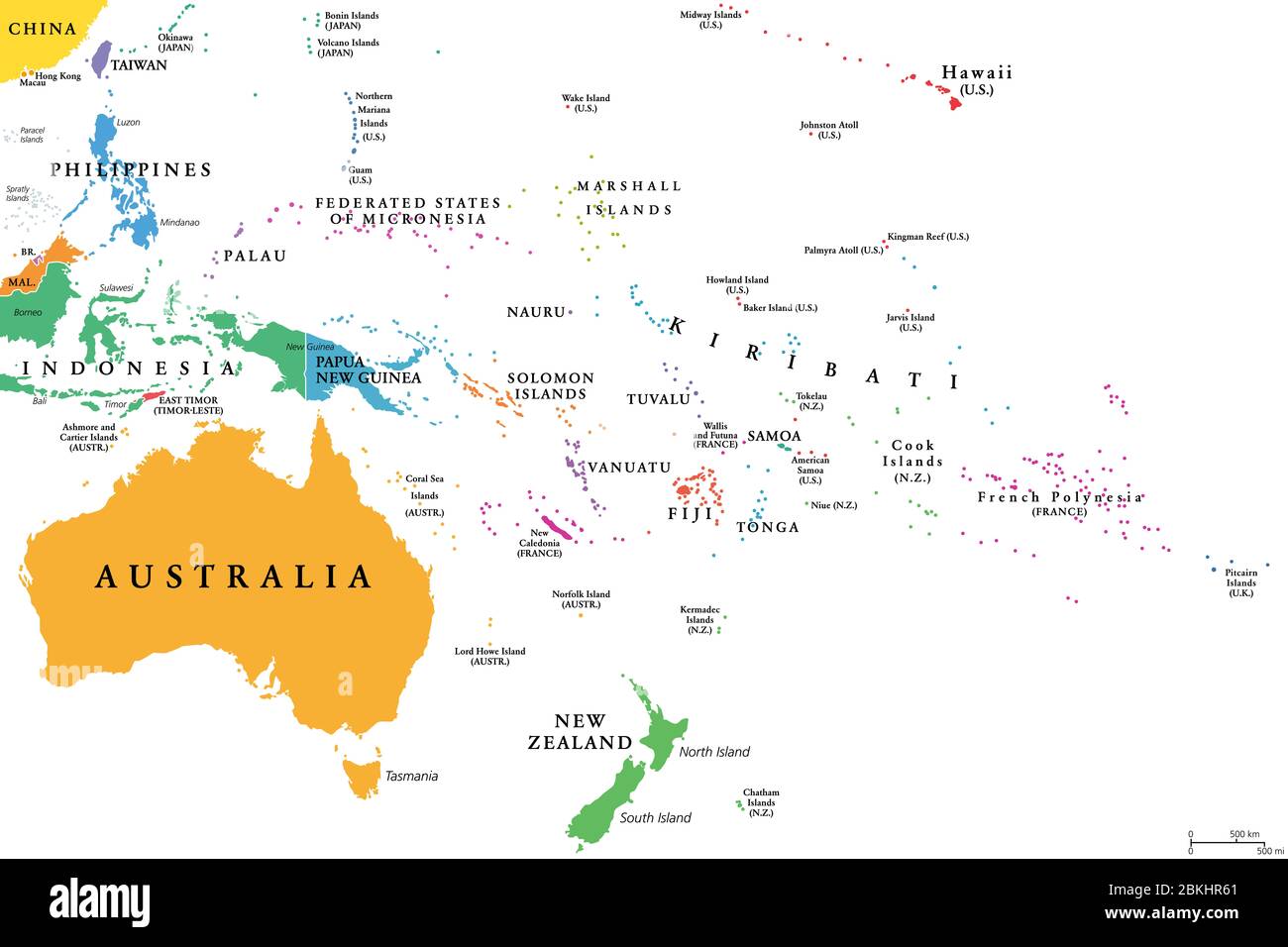 Oceania, Stati singoli, mappa politica. Regione geografica, a sud-est della regione Asia-Pacifico, compresa l'Australasia, Melanesia, Micronesia Polinesia. Foto Stock