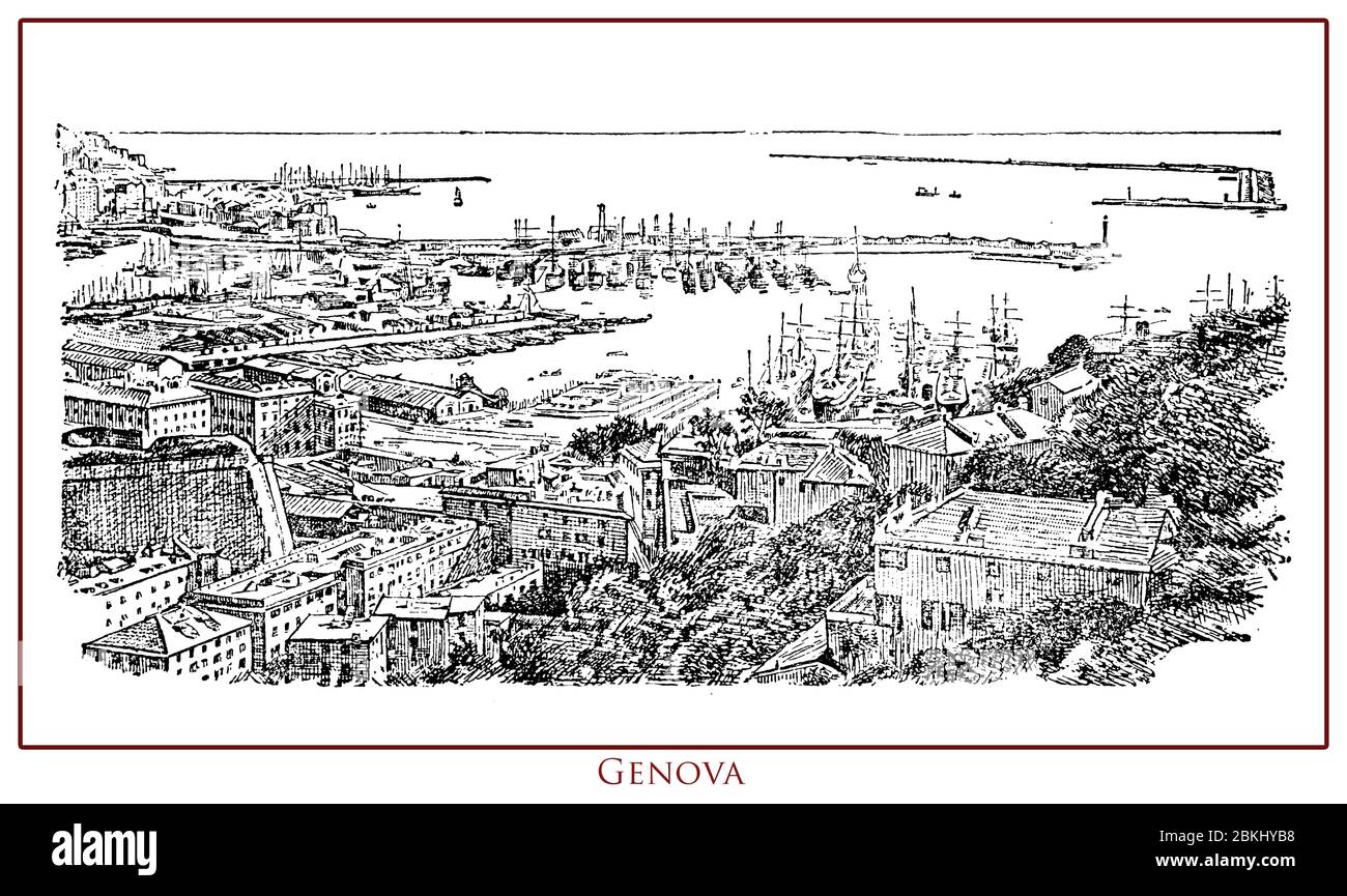 Tavolo illustrato d'epoca con vista panoramica sulla città di Genova il più importante porto marittimo italiano e uno dei porti più importanti del Mediterraneo, da un lessico del XIX secolo Foto Stock