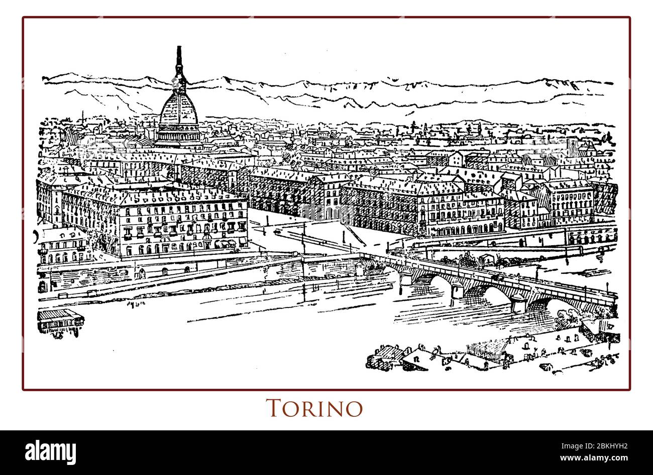 Tavolo illustrato d'epoca con vista panoramica sulla città di Torino importante centro commerciale e culturale dell'Italia settentrionale situato sulle rive del po e circondato dall'arco alpino delle montagne Foto Stock