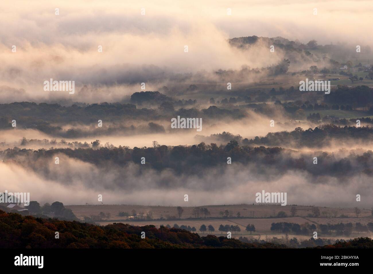 Stati Uniti, Virginia, nebbia mattutina sopra la Shenandoah Valley Foto Stock