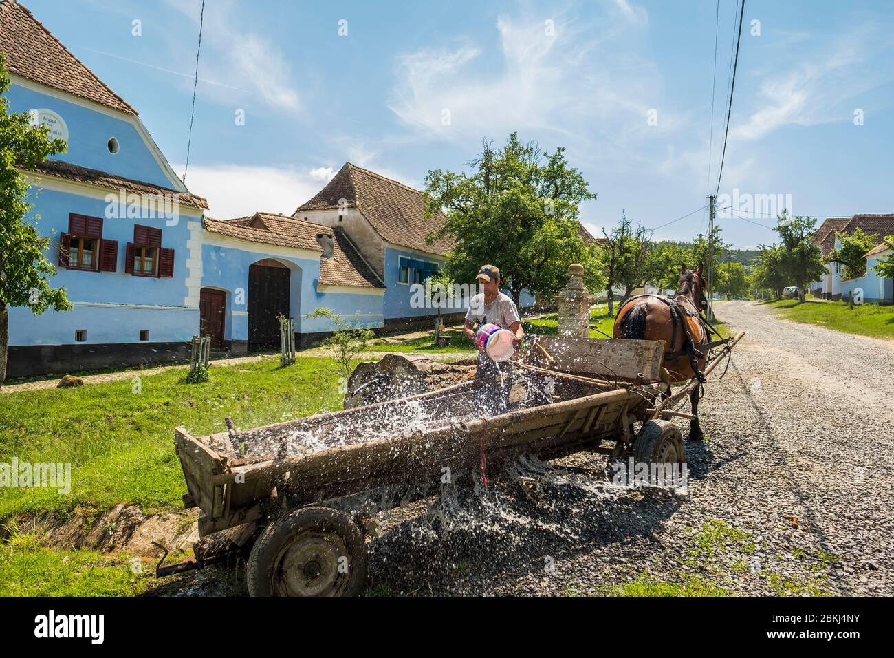 Romania, Transilvania, Viscri, villaggio con chiesa fortificata, patrimonio mondiale dell'UNESCO, un contadino rumeno pulisce il suo carro Foto Stock