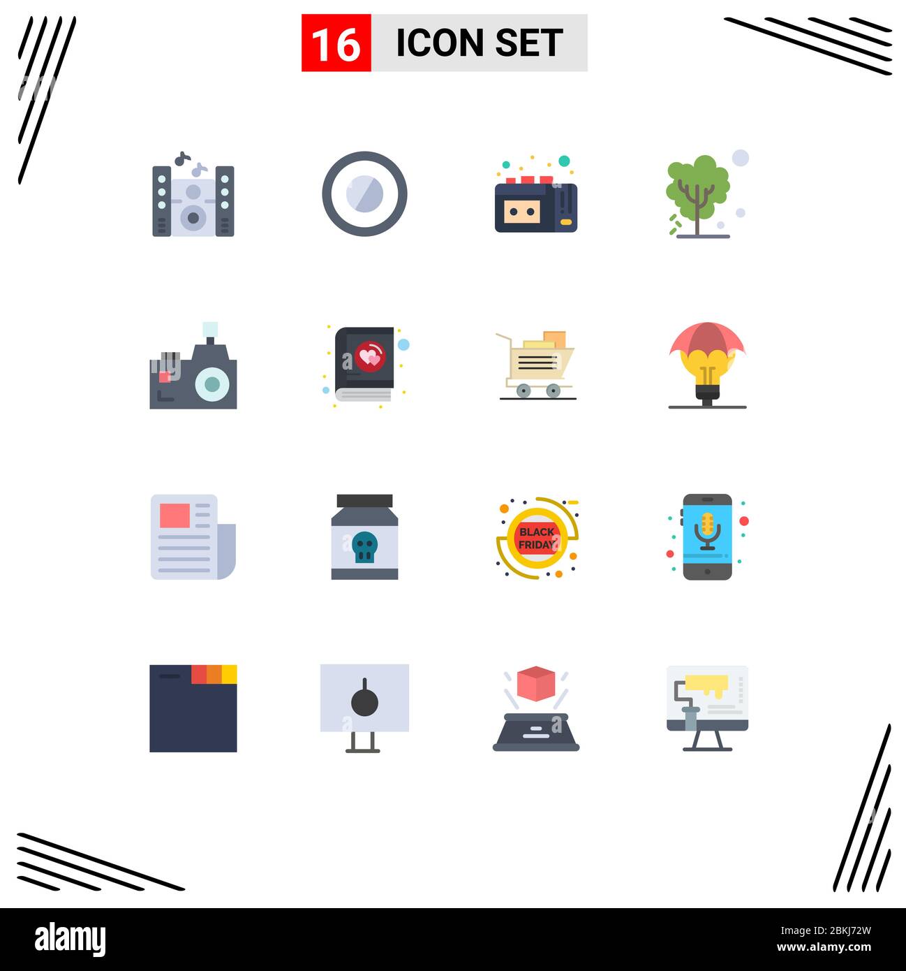 Pacchetto icone vettoriali di 16 simboli e insegne per fotografo, flash camera, nastro vhs, fotocamera, albero pacchetto di Creative Vector Design Elé Illustrazione Vettoriale