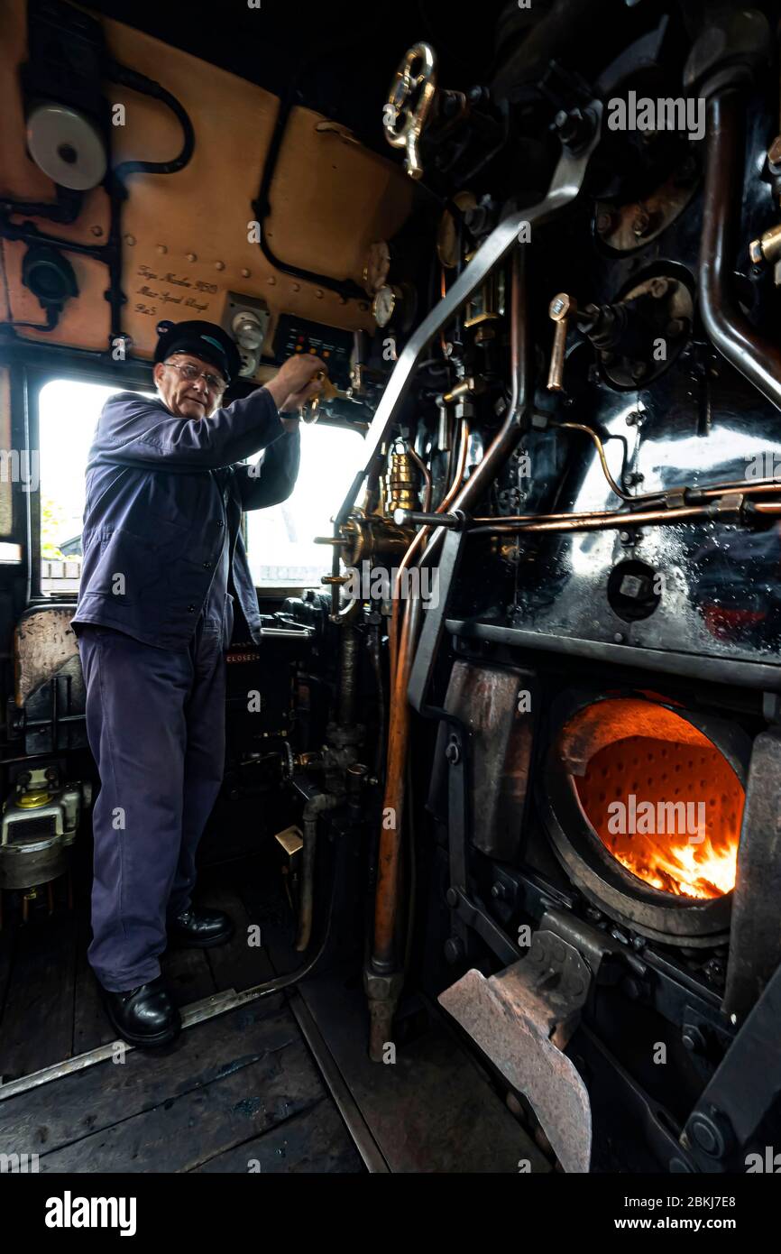 Regno Unito, Scozia, Highlands, Mallaig, il treno a vapore Jacobite, meglio conosciuto come il treno di Harry Potter, sulla sua strada per Mallaig, il driver nella sua auto Foto Stock