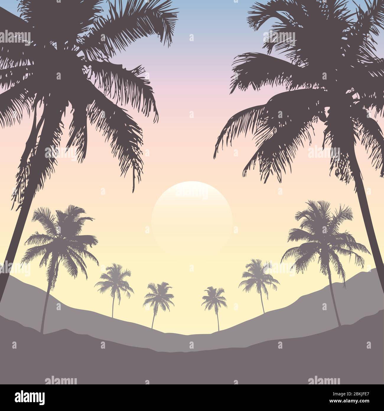 Luminoso paesaggio tropicale con palme e vista montagna vettore illustrazione EPS10 Illustrazione Vettoriale