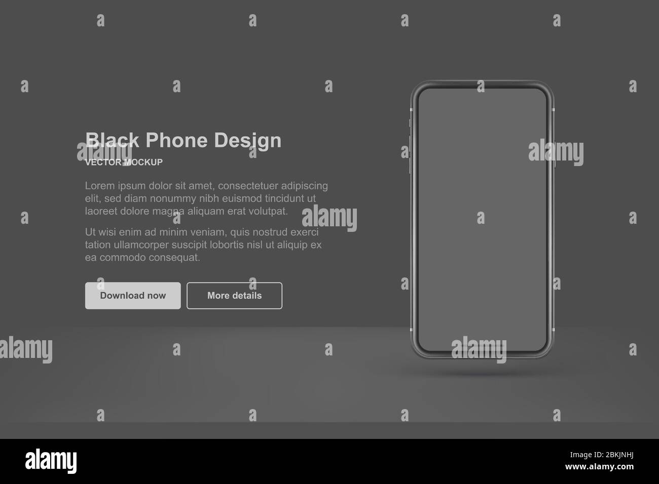 Telefono vettore nero isolato su sfondo scuro. Per le presentazioni aziendali, è possibile creare uno schermo vuoto. Illustrazione Vettoriale